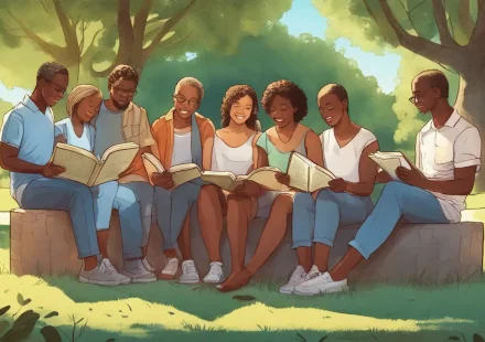 Grupo diversificado de pessoas sentadas em parque ensolarado lendo a Bíblia juntas, com árvores verdes e céu azul ao fundo.