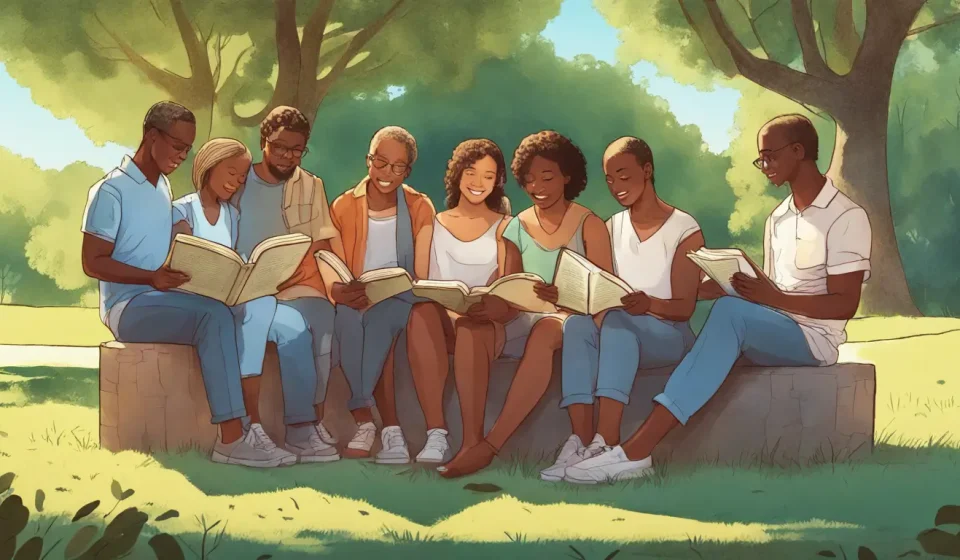 Como Escolher Bons Amigos Segundo a Bíblia: Dicas Práticas e Versículos Inspiradores Grupo diversificado de pessoas sentadas em parque ensolarado lendo a Bíblia juntas, com árvores verdes e céu azul ao fundo.