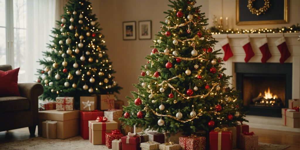 Uma árvore de Natal decorada com uma estrela no topo, rodeada de presentes, em uma aconchegante sala de estar.