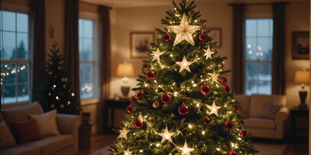 Uma árvore de Natal adornada com enfeites e uma estrela, simbolizando as tradições cristãs e o significado bíblico.
