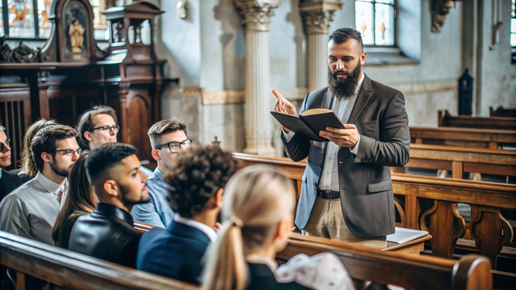 homem estudando e ensinando a biblia no culto de doutrina da igreja