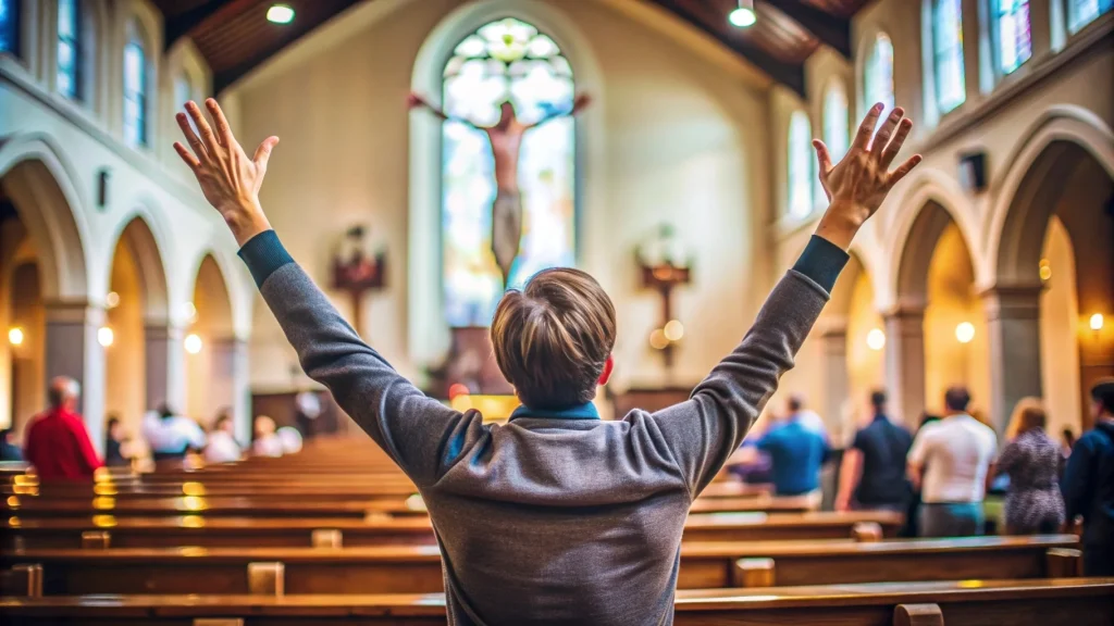 Novo convertido com mãos levantadas na igreja