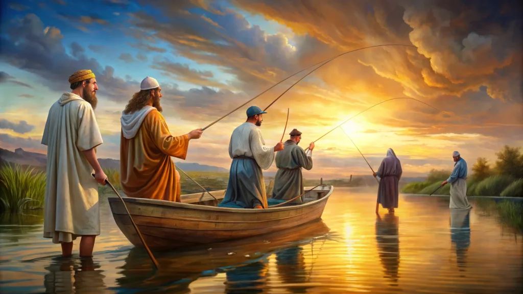 Discípulos de Jesus em meio a Pesca Maravilhosa