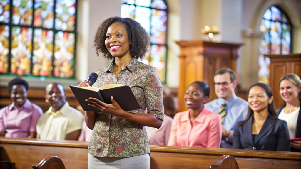 Mulher com a Bíblia na mão lendo um versículo e dando uma saudação no culto de mulheres