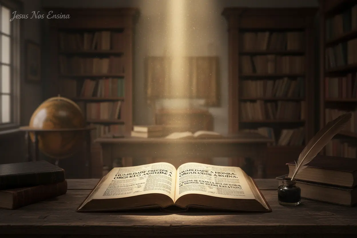 A Bíblia e o Orgulho Espiritual Bíblia aberta com luz divina, ensinando sobre humildade e orgulho espiritual.