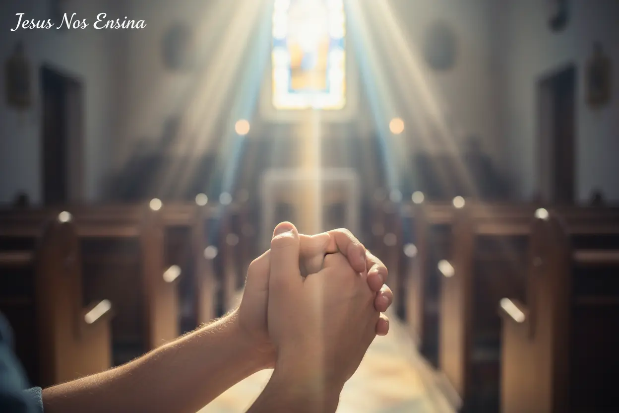 A Orientação do Espírito Santo Mãos em oração recebendo a luz do Espírito Santo