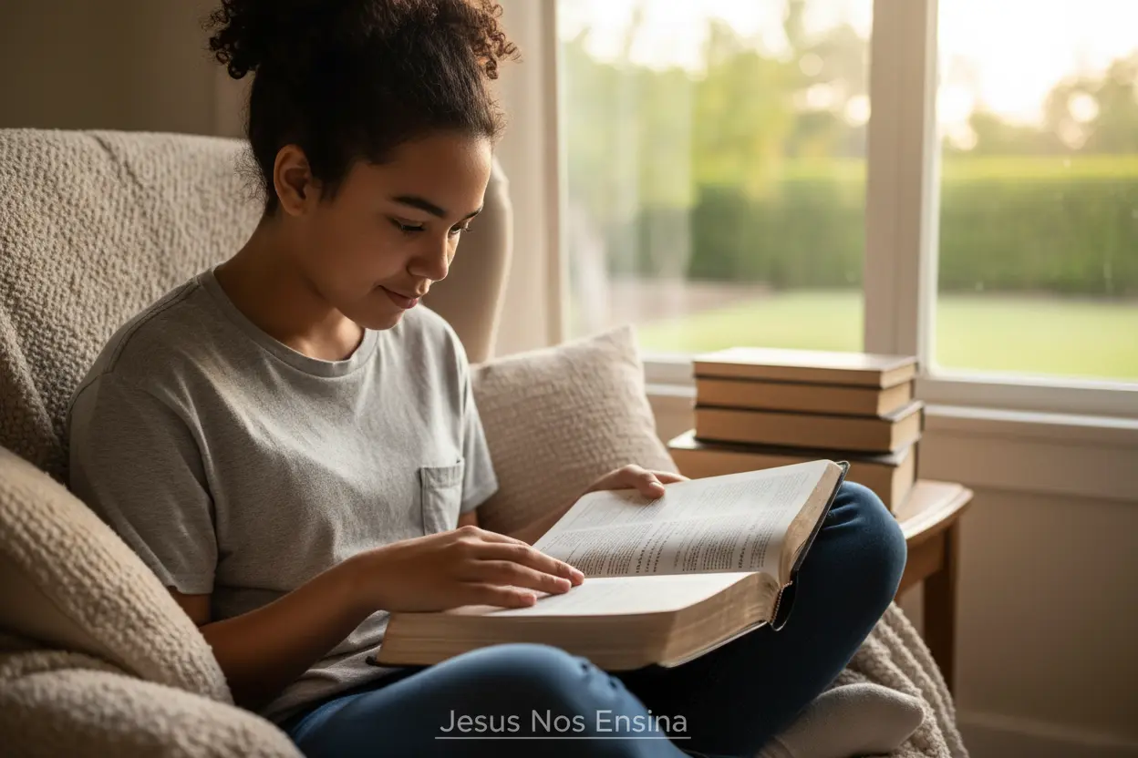 Adolescente Lendo a Bíblia Adolescente lendo a Bíblia, descobrindo quem é em Cristo através das escrituras.