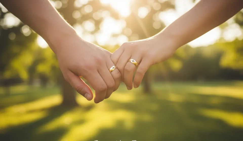 Aliança no casamento cristão: Mãos de casal com anéis, simbolizando o pacto sagrado.