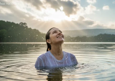 Fundamentos Bíblicos do Batismo: Viva a Vida Gloriosa em Cristo Pessoa sendo batizada, emergindo da água com alegria.