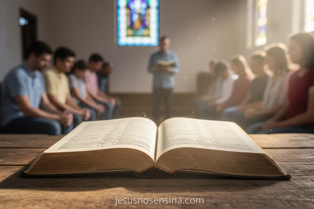 Bíblia e Propósito Bíblia aberta iluminada, representando o ensino bíblico da congregação.
