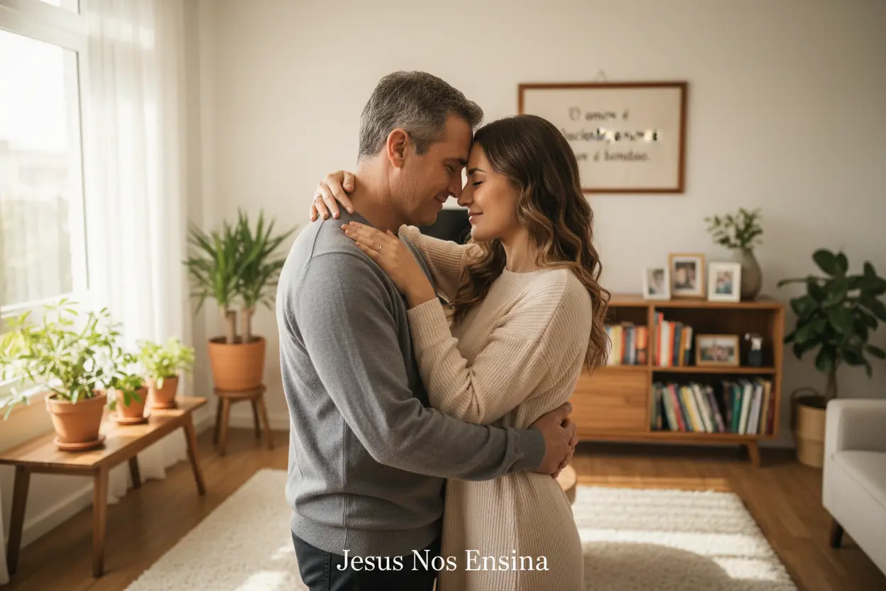 Casamento Forte Humildade Um casal abraçado, com expressões de paz e contentamento, em um lar harmonioso.