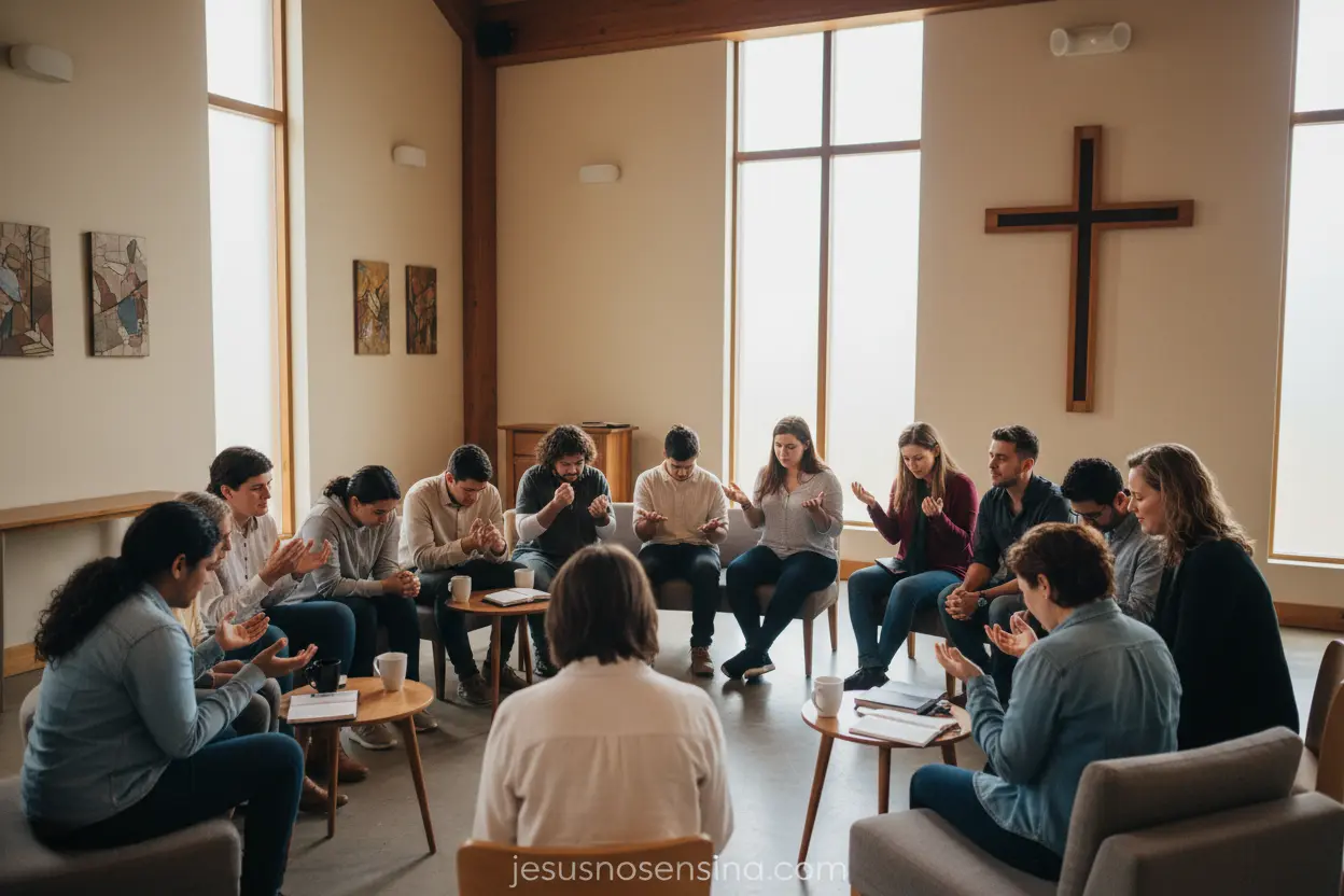 Comunhão Cristã Grupo de pessoas em comunhão cristã, orando juntas.
