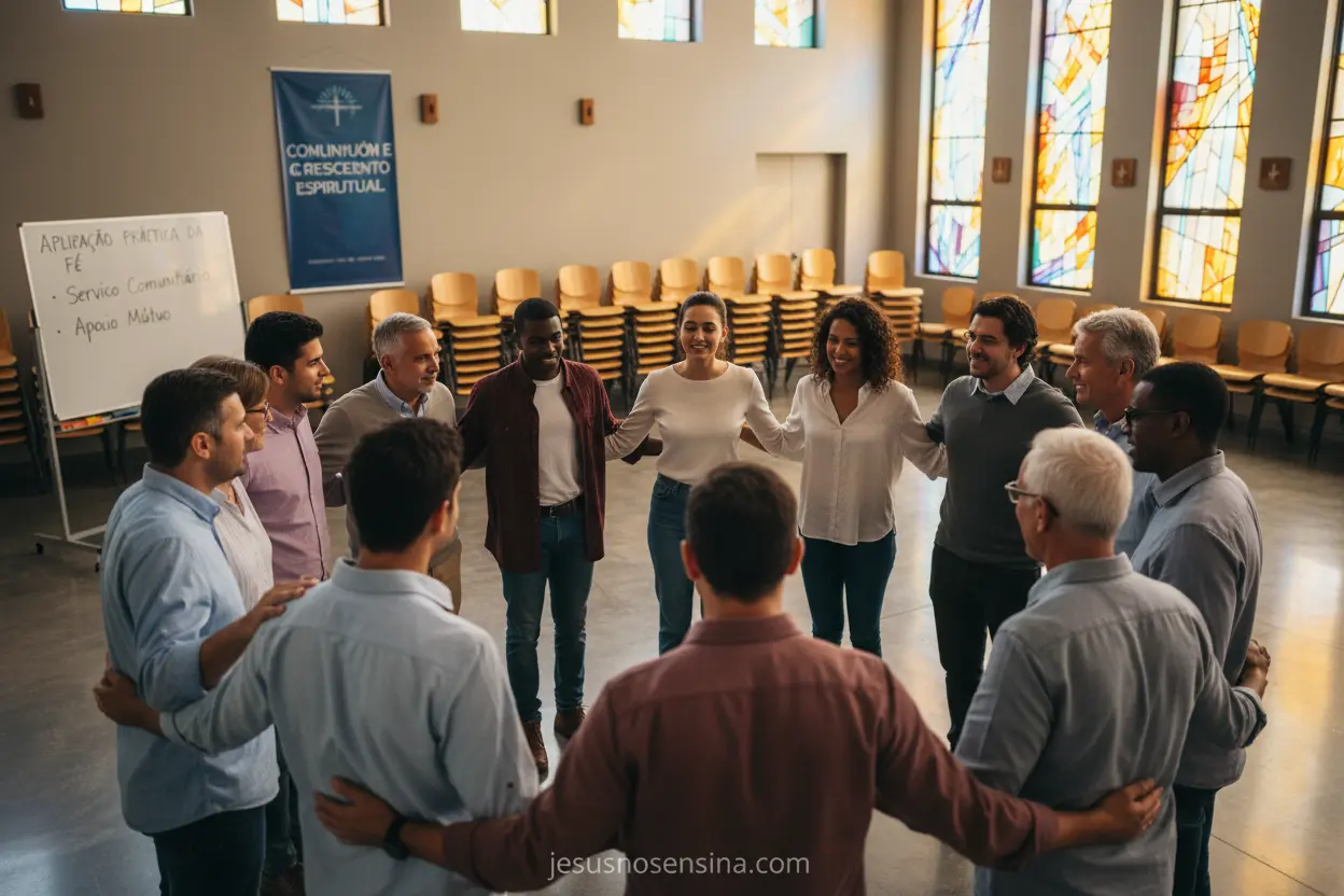 Comunhão e Crescimento Grupo diverso de pessoas em oração e comunhão, refletindo as **atitudes práticas de um cristão maduro**.