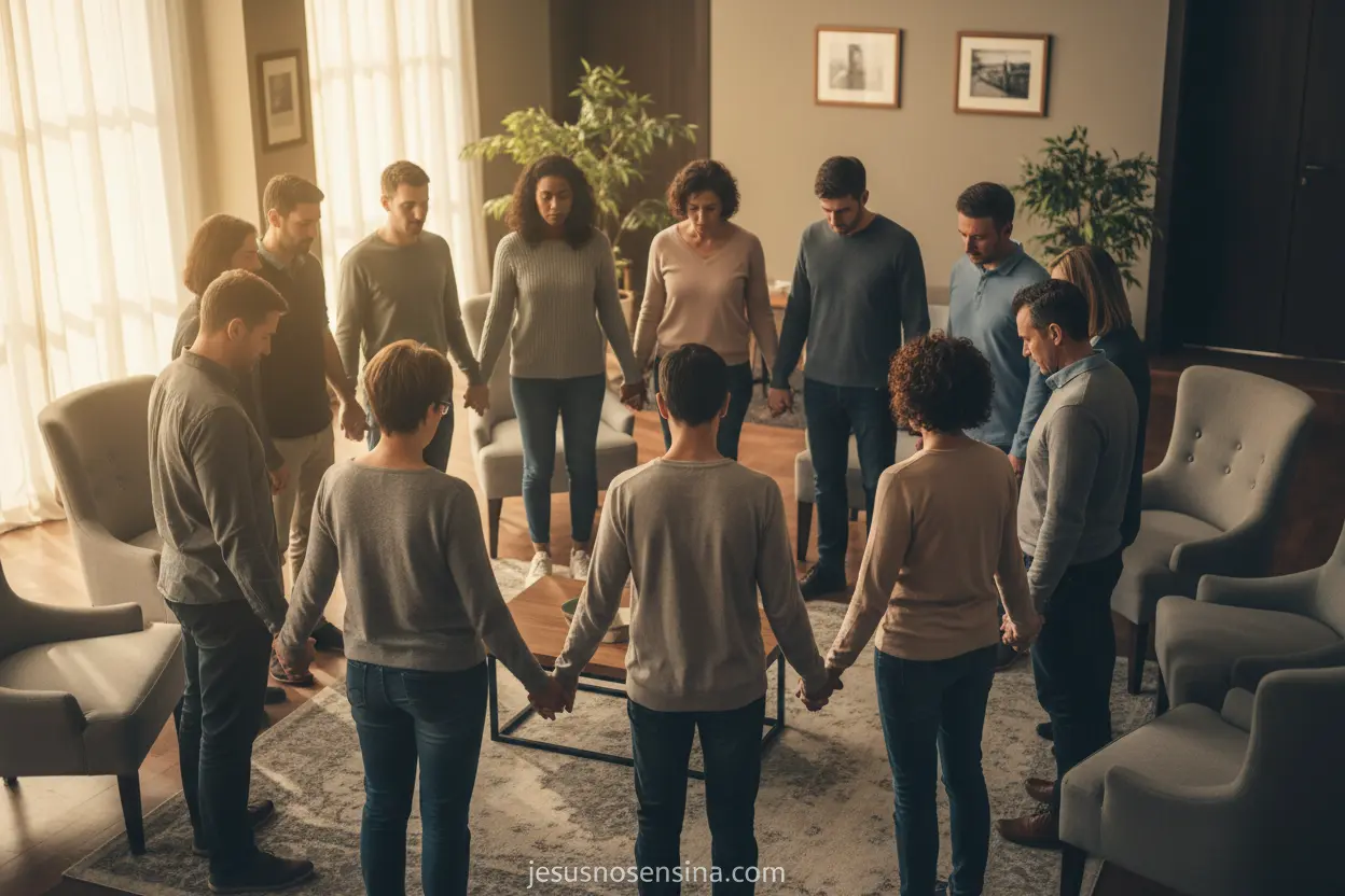 Comunhão e Foco na Fé Grupo de pessoas em oração, unidas em comunhão e foco espiritual.