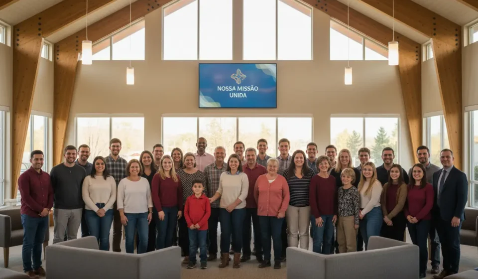 Pessoas diversas em uma igreja, simbolizando o propósito da congregação.