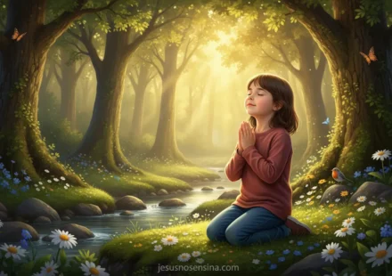 Como Ensinar Oração para Crianças e Fortalecer a Fé Criança orando em um ambiente natural.