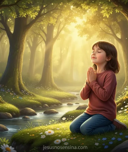 Como Ensinar Oração para Crianças e Fortalecer a Fé Criança orando em um ambiente natural.