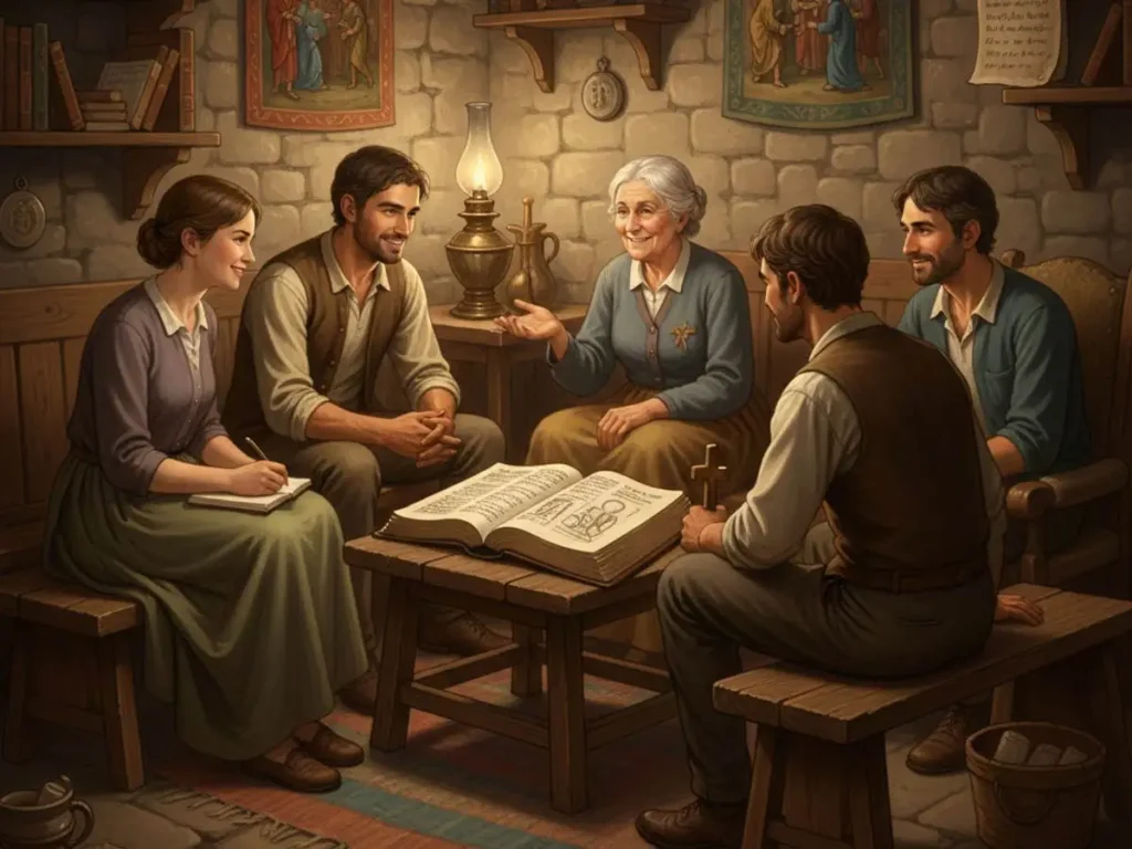 Cristãos reunidos estudando a Bíblia em discipulado