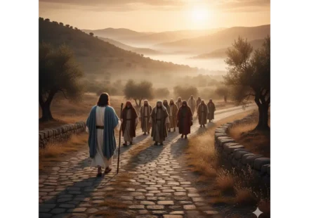 Discípulos seguindo Jesus em um caminho iluminado
