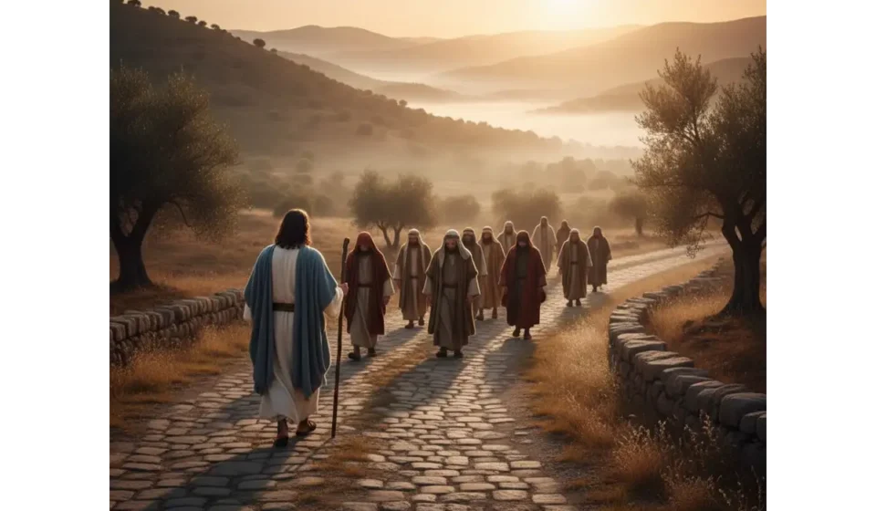 Discípulos seguindo Jesus em um caminho iluminado
