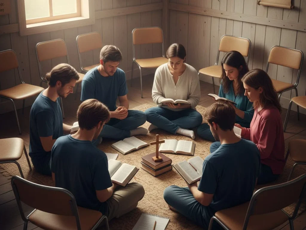 Grupo de cristãos orando juntos em um ambiente de discipulado