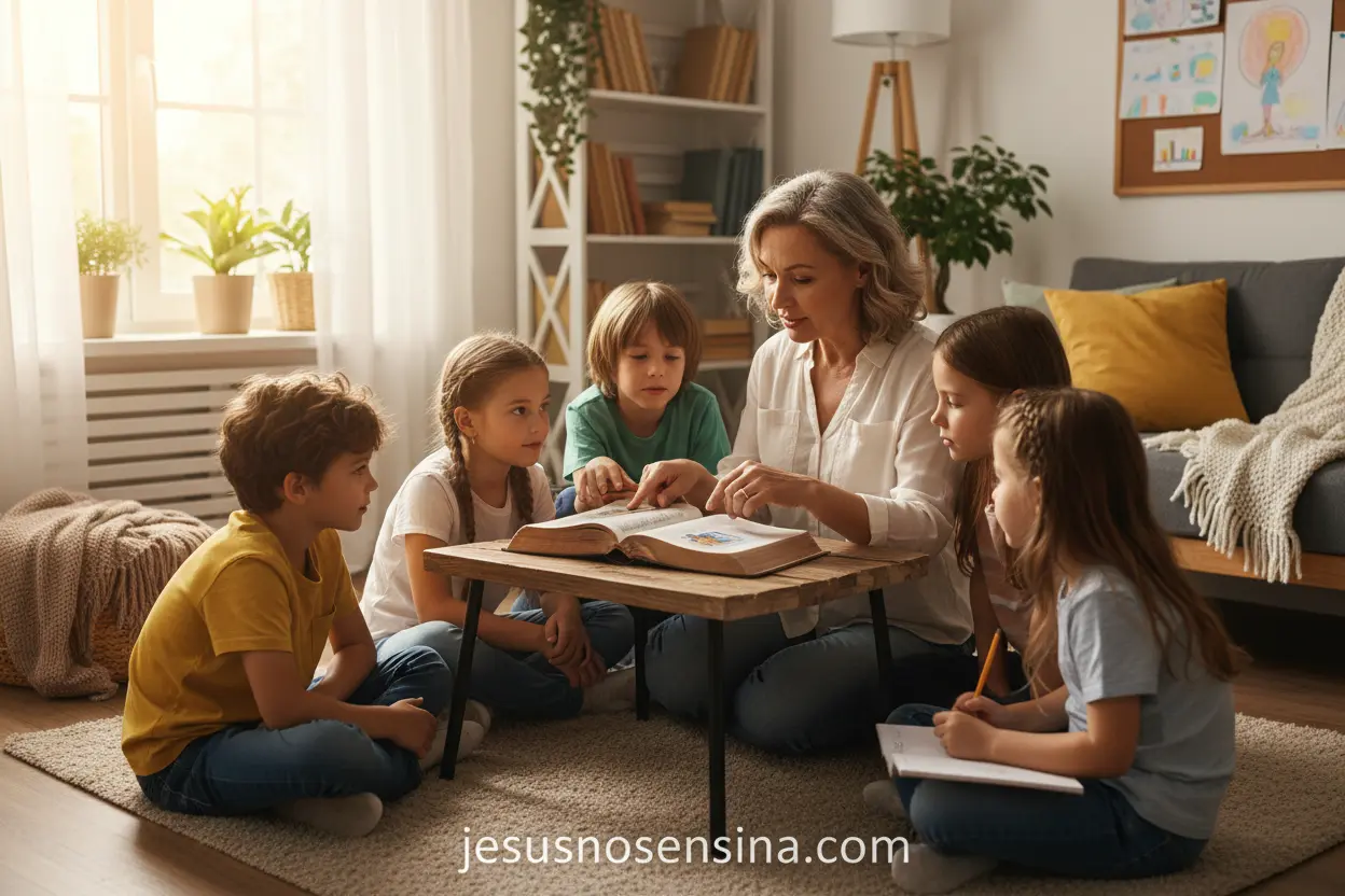 Ensinando Fundamentos Bíblicos Líder ensinando crianças sobre o chamado bíblico para compartilhar a fé