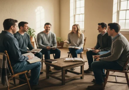 Grupo pequeno de cristãos reunidos em discipulado, conversando e estudando a Bíblia