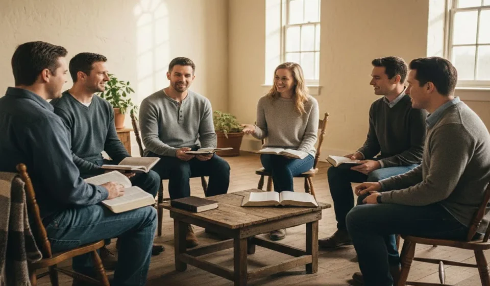 Grupo pequeno de cristãos reunidos em discipulado, conversando e estudando a Bíblia