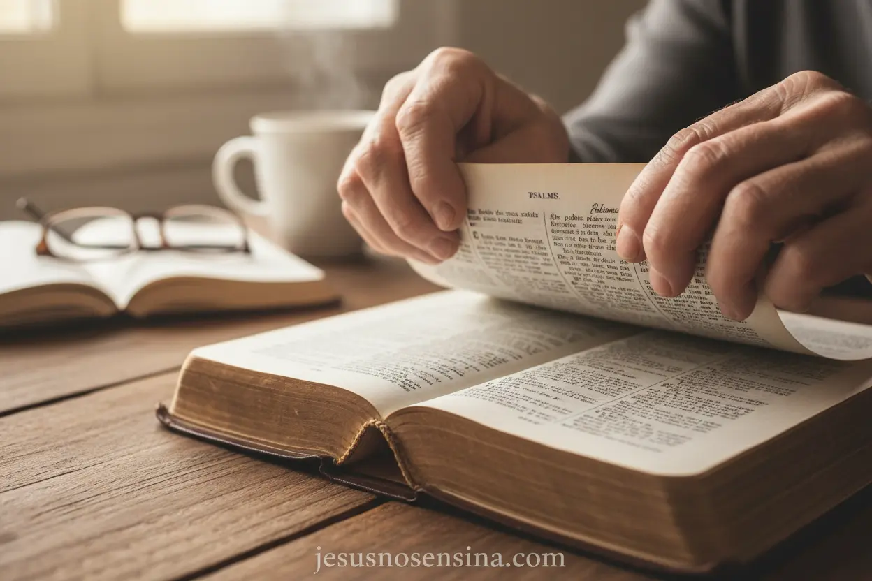 Estudo Bíblico Profundo Mãos delicadamente virando as páginas de uma Bíblia antiga, em um momento de estudo e reflexão.