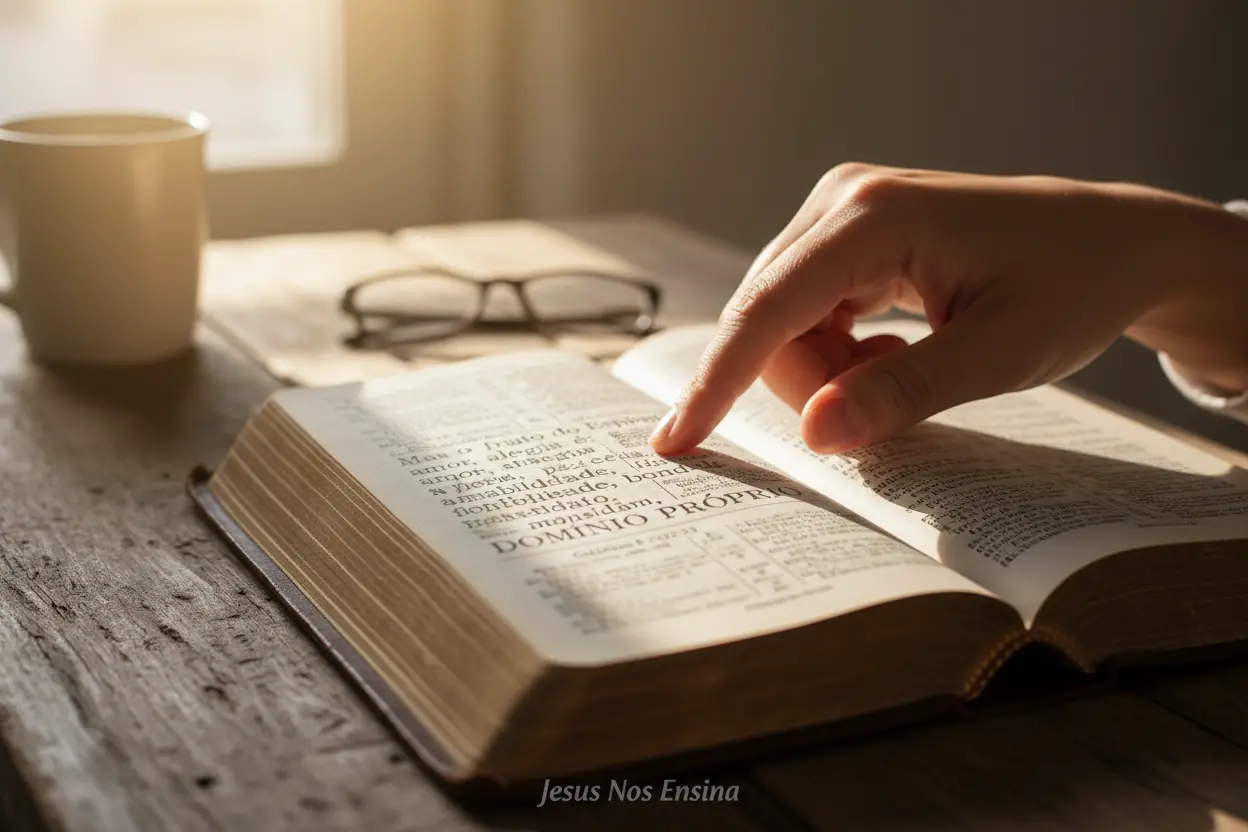 Estudo Bíblico sobre Domínio Próprio Mãos estudando a Bíblia, revelando o ensino bíblico sobre domínio próprio.