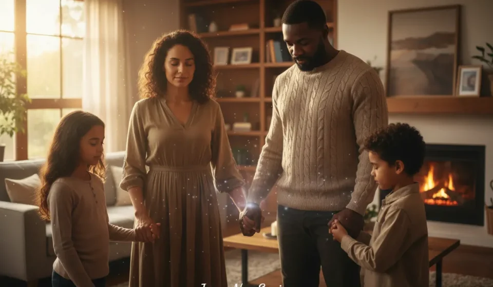 Proteger a Família Espiritualmente: Guia Bíblico para o Lar Cristão Família orando unida em casa, buscando proteção espiritual.