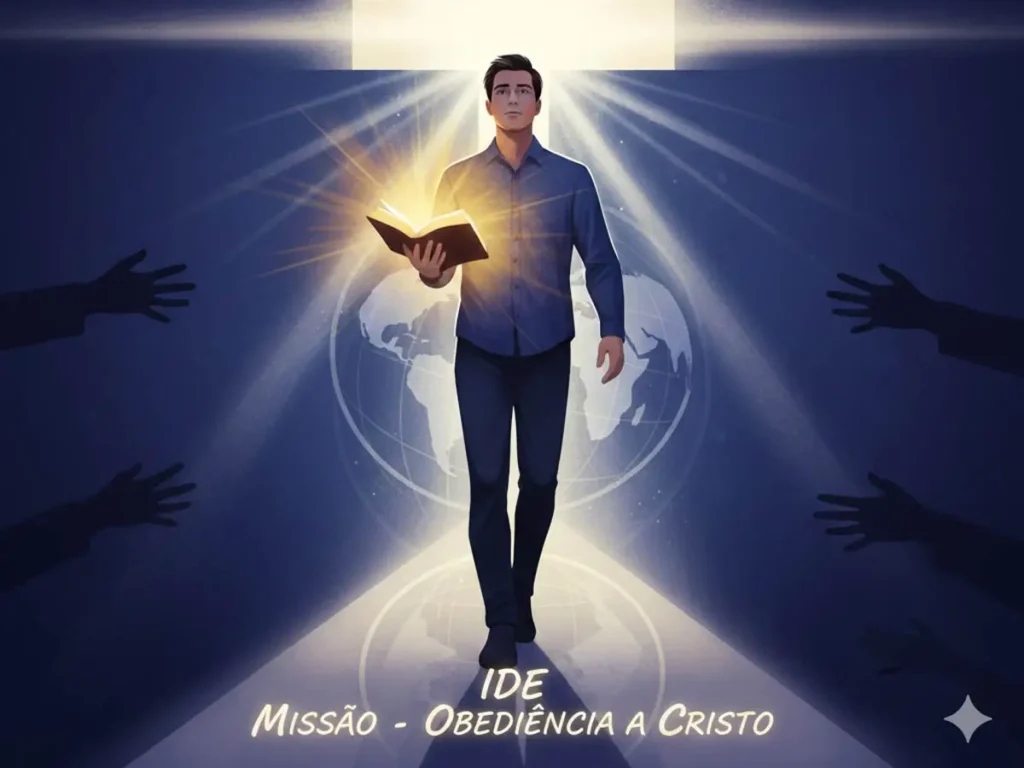 Cristão caminhando com a Bíblia representando a missão de fazer discípulos