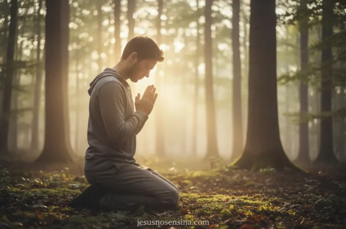 Foco Espiritual: Estratégias Bíblicas para Manter a Conexão com Deus Pessoa orando em um ambiente tranquilo, simbolizando foco espiritual.
