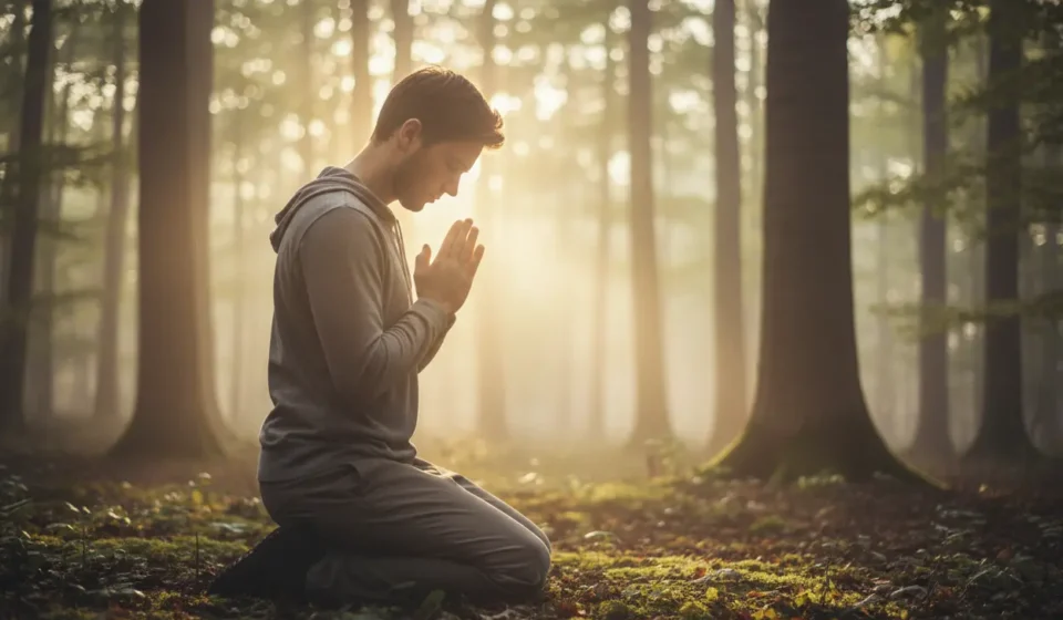 Pessoa orando em um ambiente tranquilo, simbolizando foco espiritual.