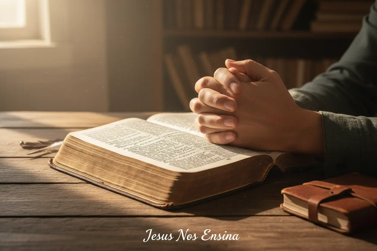 Mãos segurando uma Bíblia aberta, estudando sobre perdão e reconciliação.