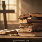 O Papel da Igreja na Grande Comissão: O Chamado de Jesus para Obras Maiores Livros antigos e cruz, representando as doutrinas cristãs