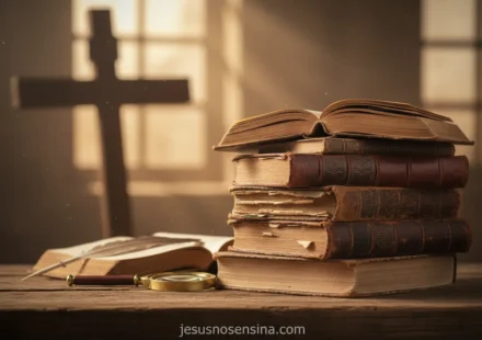 Doutrinas Cristãs Explicadas: Entenda a Base da Sua Fé Livros antigos e cruz, representando as doutrinas cristãs