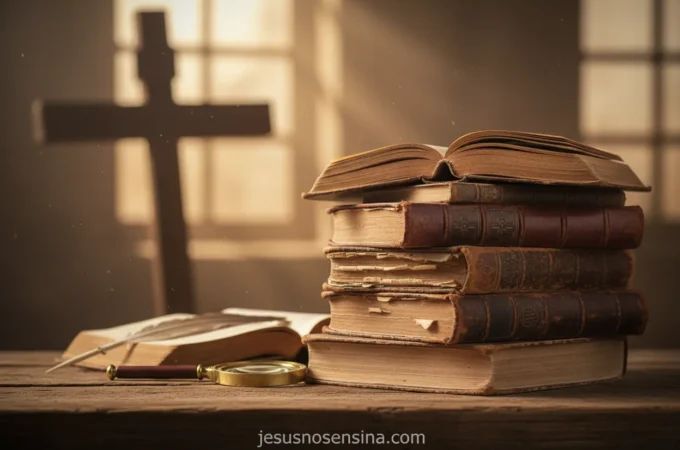 Doutrinas Cristãs Explicadas: Entenda a Base da Sua Fé Livros antigos e cruz, representando as doutrinas cristãs
