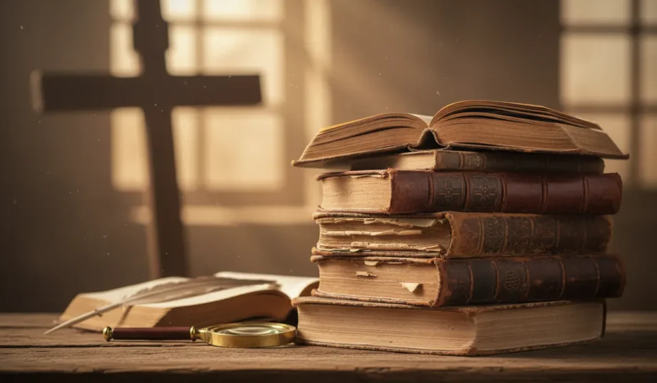 Doutrinas Cristãs Explicadas: Entenda a Base da Sua Fé Livros antigos e cruz, representando as doutrinas cristãs