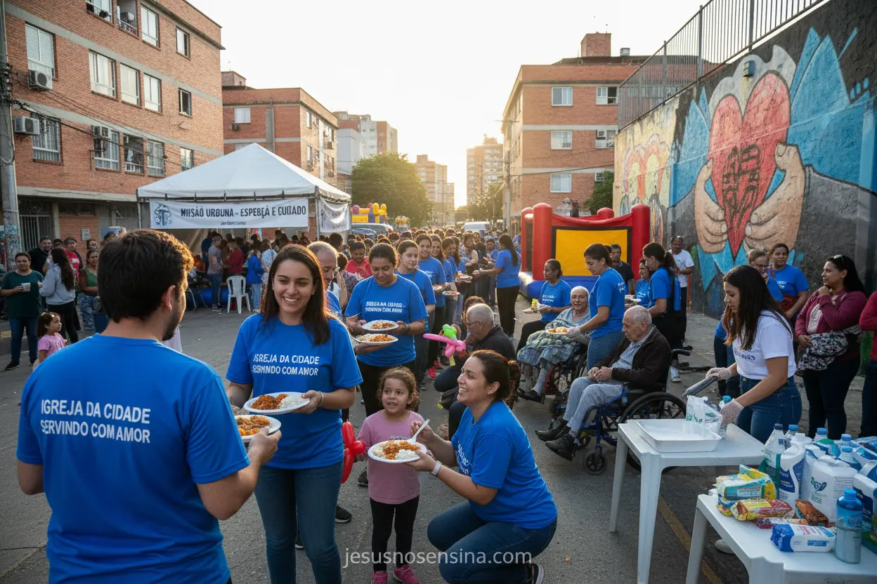 Igreja em Ação Membros da igreja servindo a comunidade, exemplificando o propósito bíblico da congregação.