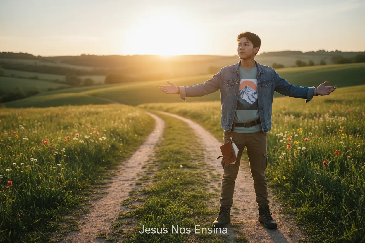Jovem com Propósito em Cristo Jovem em pé, confiante, olhando para o futuro, simbolizando uma vida com propósito em Cristo.