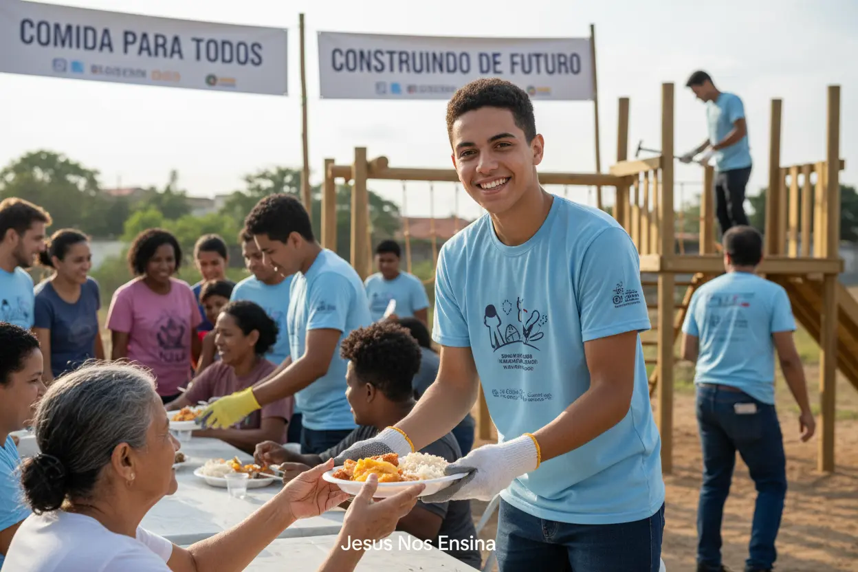 Jovem Servindo com Propósito Jovem alegre participando de uma atividade de serviço, demonstrando propósito.