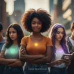 Propósito de Deus para Jovens: Encontre Sua Missão e Viva com Significado Grupo de jovens com expressões de confiança, simbolizando a descoberta da identidade em Cristo para adolescentes.