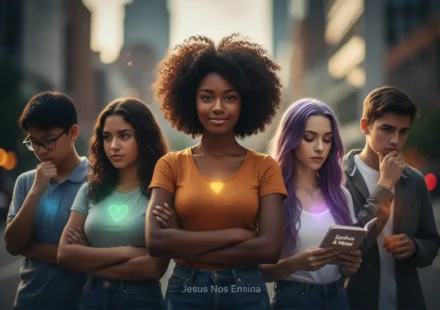 Identidade em Cristo: Superando Rótulos e Crises na Adolescência Grupo de jovens com expressões de confiança, simbolizando a descoberta da identidade em Cristo para adolescentes.