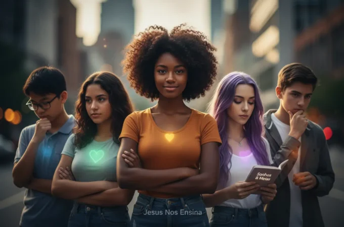 Identidade em Cristo: Superando Rótulos e Crises na Adolescência Grupo de jovens com expressões de confiança, simbolizando a descoberta da identidade em Cristo para adolescentes.