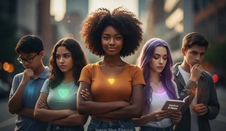 Identidade em Cristo: Superando Rótulos e Crises na Adolescência Grupo de jovens com expressões de confiança, simbolizando a descoberta da identidade em Cristo para adolescentes.