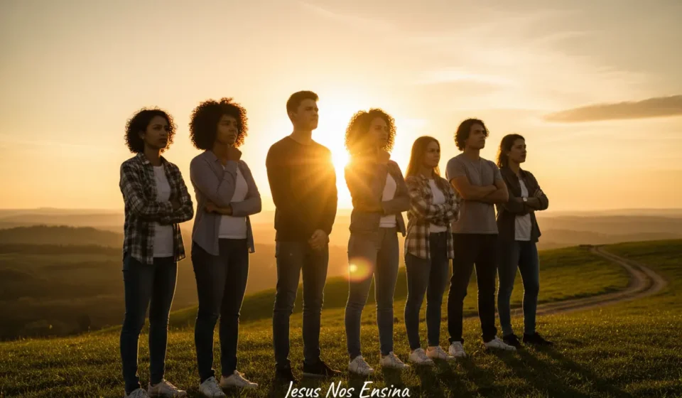 Propósito de Deus para Jovens: Encontre Sua Missão e Viva com Significado Grupo de jovens olhando para o horizonte, simbolizando a busca pelo propósito de Deus.