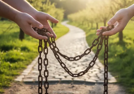 Abandonando Padrões Antigos – Sua Nova Identidade em Cristo! Mãos soltando correntes, simbolizando a liberdade de padrões antigos.