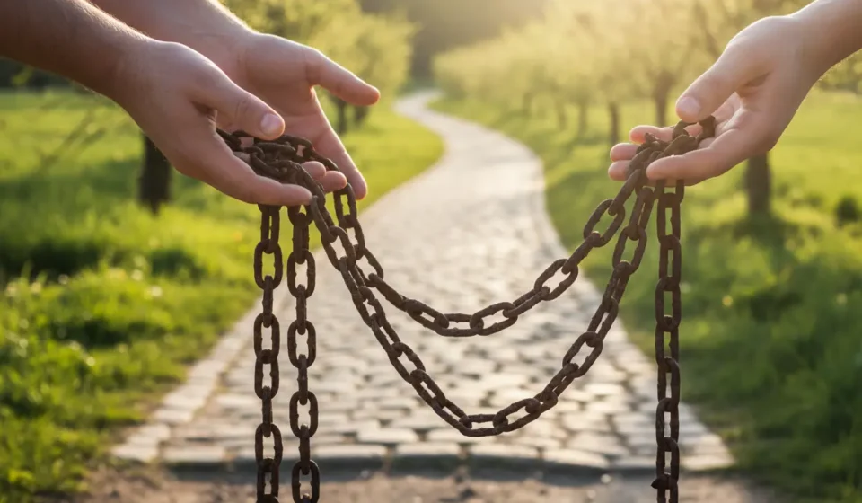 Mãos soltando correntes, simbolizando a liberdade de padrões antigos.