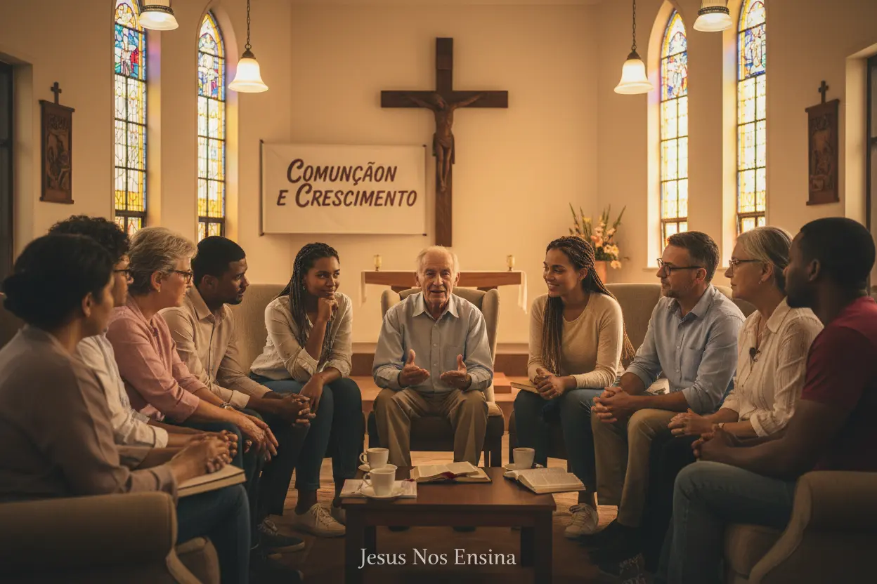 Liderança e Domínio Próprio em Comunidade Grupo de líderes e discípulos em conversa madura, exemplificando liderança e domínio próprio.